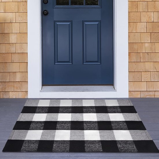 Door Mat Outdoor, Black and White Buffalo Plaid Rug for Front Porch, Kitchen, Bathroom, Entry Way, Laundry Room - Click Image to Close