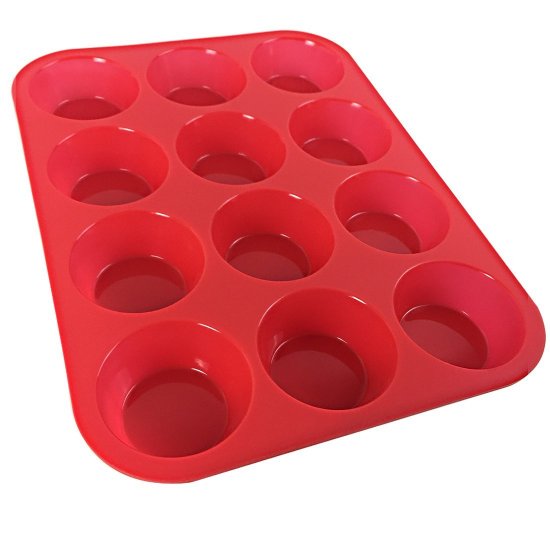 1pc Red 12 Cup Silicone Muffin Pan, Mini Cupcake Tray, Large Round