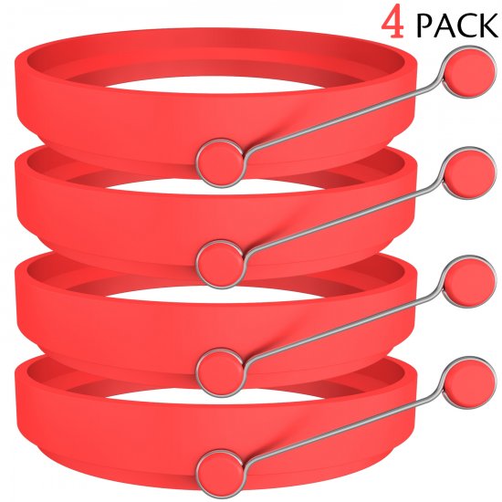 Ozera 4 Pack Nonstick Silicone Egg Ring Pancake Mold, Round Egg Rings Mold, red - Click Image to Close